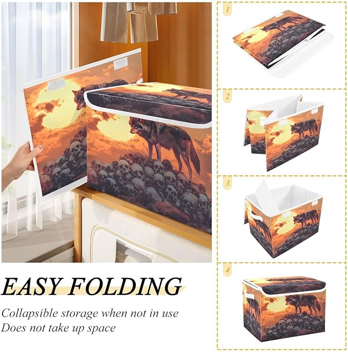 AIXIWAWA Lidded Storage Cube (Wolf on Skulls) Fabric Foldable Closet Bins with Flip Lid and Handles Organizer Basket Container 16.5 x 12.6 x 11.8 IN