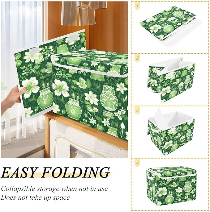 Christmas Storage Baskets with Lids Green and White Flower Vases Collapsible Bins Stackable Fabric Linen Baskets Closet Organizer Container 16.5x12.6x11.8