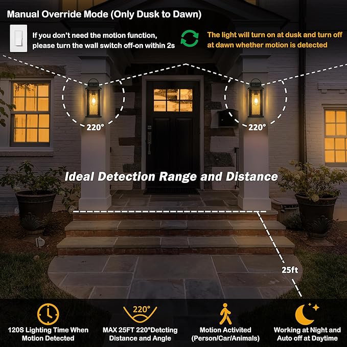 2 Pack Motion Sensor Outdoor Lights Matte Black Dusk to Dawn Porch Lights Outdoor Light Fixture with Water Glass 3 Lighting Modes Exterior Lighting Fixtures Waterproof Outside Light for House