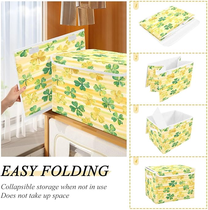 Shamrock Storage Baskets with Lids St. Patrick's Day Collapsible Bins Stackable Fabric Linen Baskets Closet Organizer Container 16.5x12.6x11.8