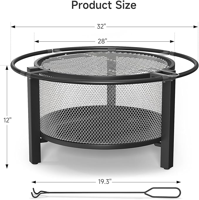 ONBRILL 2-in-1 32 Inch Fire Pit with Cooking Grill Outdoor Wood Burning Firepit with Poker for BBQ Bonfire Picnic Party Round Metal Fire Pit for Outside Backyard Patio