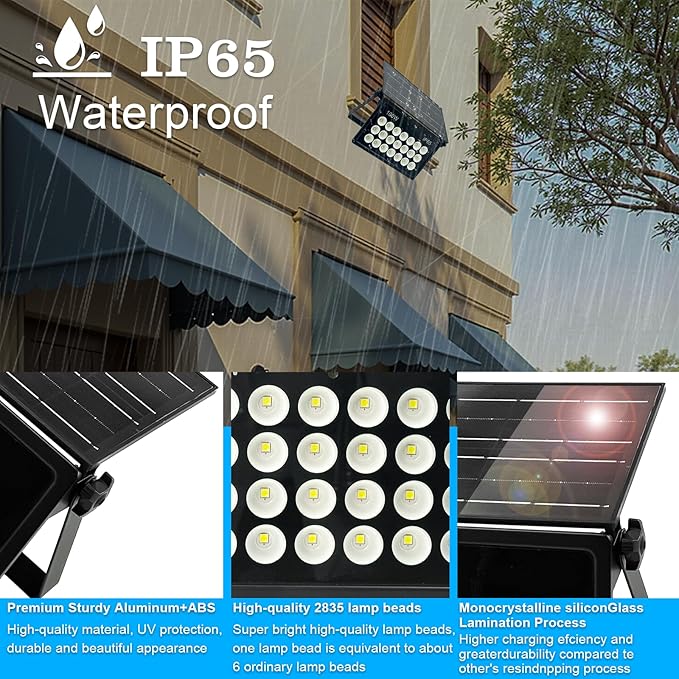 100W Solar Security Lights Solar Flood Lights Solar Lights Outdoor Waterproof Dusk to Dawn Solar Powered Security Lights 6500K Cool White for Porch Patio Yard Garage Garden