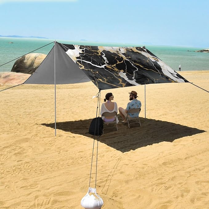 ALAZA Black Marble Gold Line Modern Beach Tent Sun Shelter UPF50+ Protection Beach Shade Canopy w/ 4 Sandbags for Outdoor Camping Fishing Backyard Fun Picnic 10x9 ft