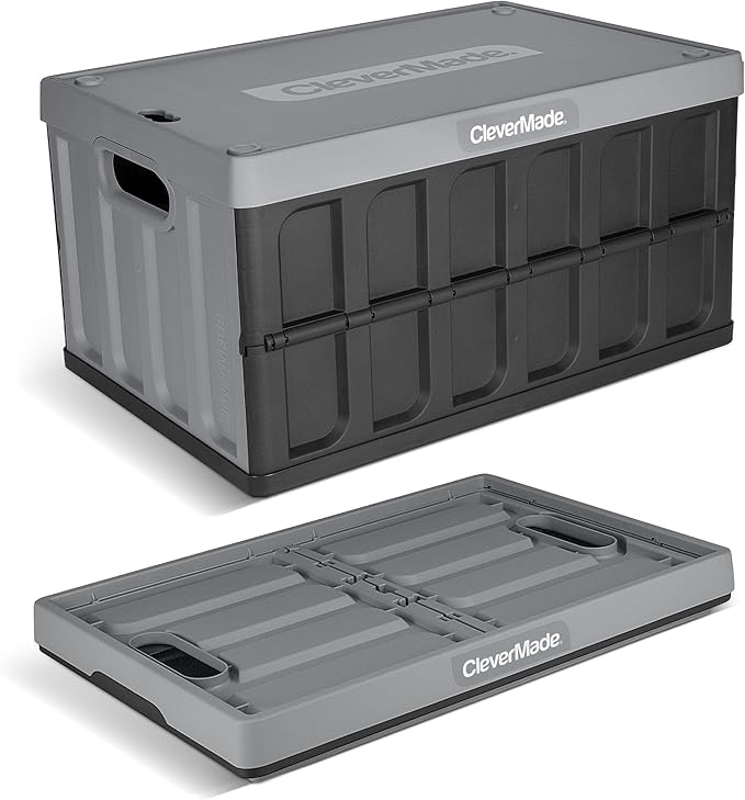 CleverMade Collapsible Storage Bins with Lids 62L – Heavy Duty Foldable Plastic Storage Crates for Garage Closet &amp Trunk Organization - Stone
