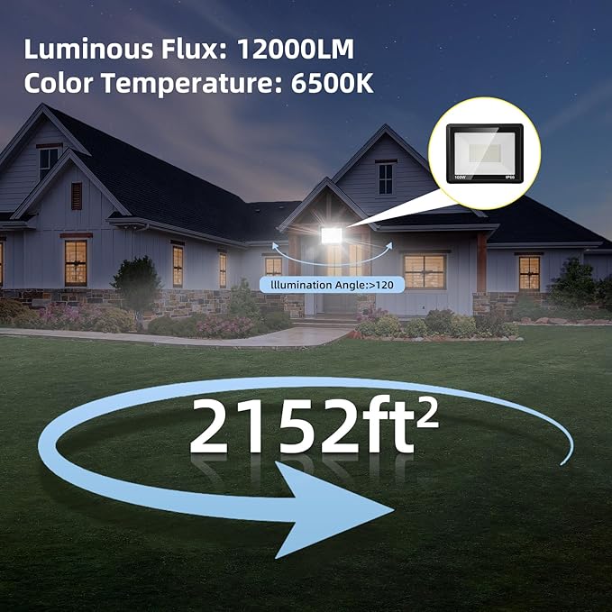 100W Flood Lights Outdoor12000LM Bright LED Work LightIP66 Waterproof Plug in Outdoor Floodlight with Switch and 6.5FT Cord6500K Daylight White Security Light for YardGarageGardenStadium(2 Pack)