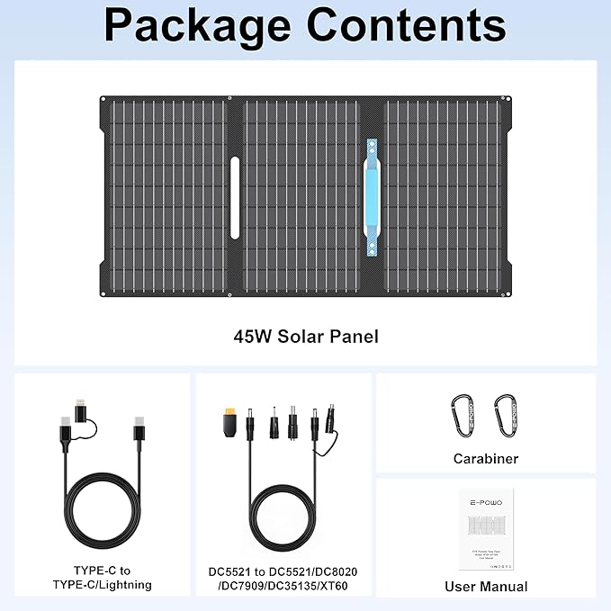 45W Portable Solar Panels Chargers with USB-C USB-A and DC Outputs Foldable IP67 Waterproof Solar Panel for CampingPower Emergency for Small Power StationPhones Power Banks