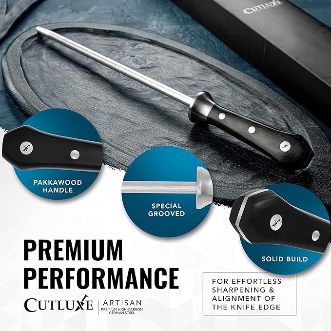 Cutluxe Honing Rod Professional Knife Sharpener Rod – 10 Honing Steel – Ergonomic Handle Design Grilling Gifts for Men – Artisan Series