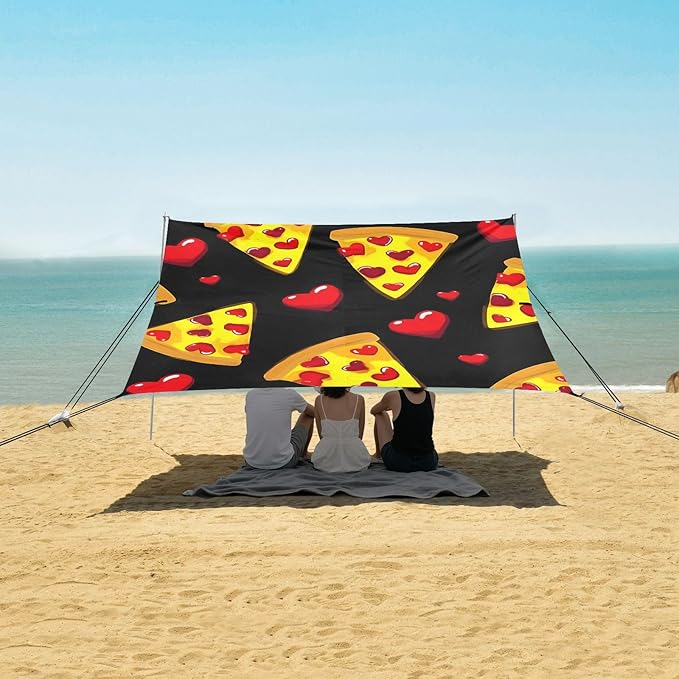 ALAZA Pizza Red Heart Pattern Beach Tent Sun Shelter Portable Canopy Sunshade for Outdoor Camping Picnics Backyard Fun 10x9 ft