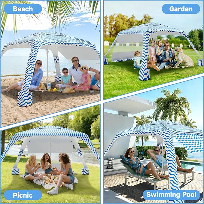 Beach Cabana 6.5'×6.5' Beach Canopy with UPF50+ Protection Beach Tent Sun Shelter Sun Umbrella with Removable Side Wall Portable Shade Sun Shelter for Beach Garden Camping (Wave Pattern)