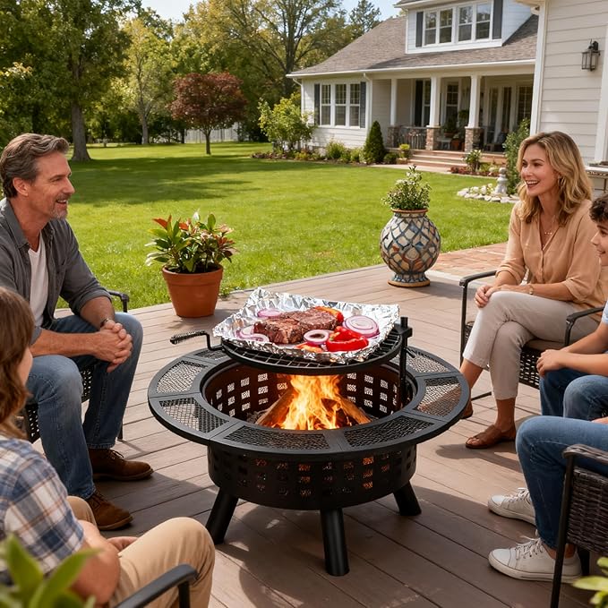 36 inch Outdoor Fire Pit with GrillWood Burning Fire Pits for Outside with Lid &amp Fire PokerMetal 3-in-1 Firepit Table with Cooking GrateOutdoor Firepit for YardBonfirePatio(Charcoal)
