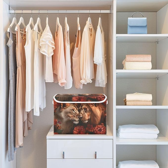 AIXIWAWA Lidded Storage Cube (Lions Love) Fabric Foldable Closet Bins with Flip Lid and Handles Organizer Basket Container 16.5 x 12.6 x 11.8 IN