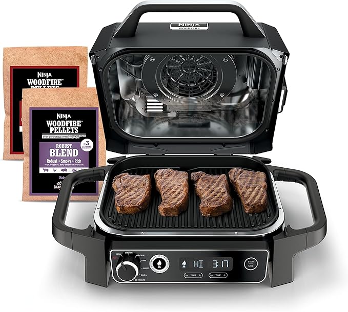 Ninja | Woodfire Series | 7-in-1 (Grill BBQ Roast Air Fry Dehydrate Broil Smoke) | Portable &amp Weather Resistant | Cook Up To 6 Steaks &amp 30 Hot Dogs | Woodfire Pellets included | OG701