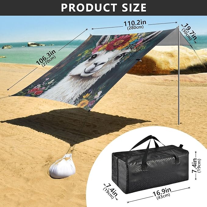 ALAZA Llama Alpaca Wreath Beach Tent Sun Shelter UPF50+ Protection Beach Shade Canopy w/ 4 Sandbags for Outdoor Camping Fishing Backyard Fun Picnic 10x9 ft