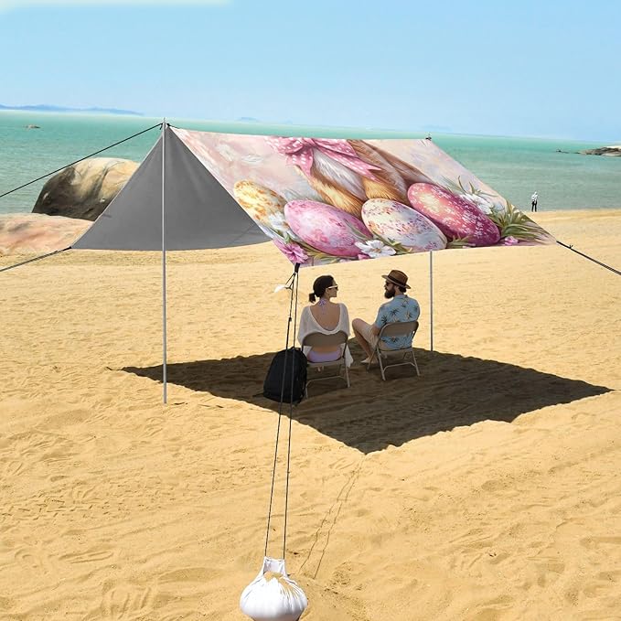 Floral Bow Bunny Rabbits Eggs Easter1 Stable Beach Tent UPF50+ Protection Water-Resistant Shade Sun Shelter with Sand Shovel Sandbags for Camping Picnics Backyard