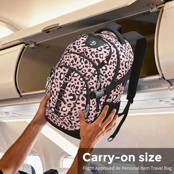 Swissdigital Laptop Backpack with USB Charging Port Travel Backpack Fits 15.6 inches Computer 31L Backpack for Women Pink Leopard | SD803-102