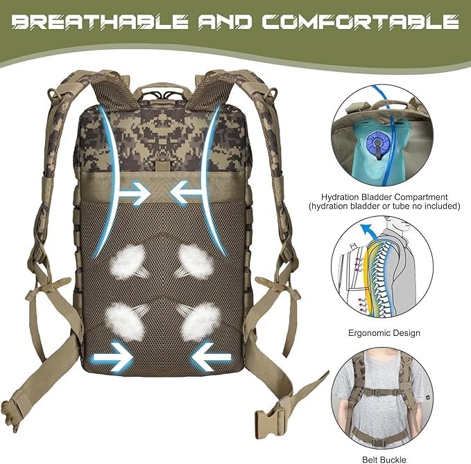 WOLT Military Tactical Backpack for Men 45L Molle Backpack 3 Day Assault Pack Bug Out Bag Heavy Duty Rucksack for Hiking Gym Camouflage Khaki