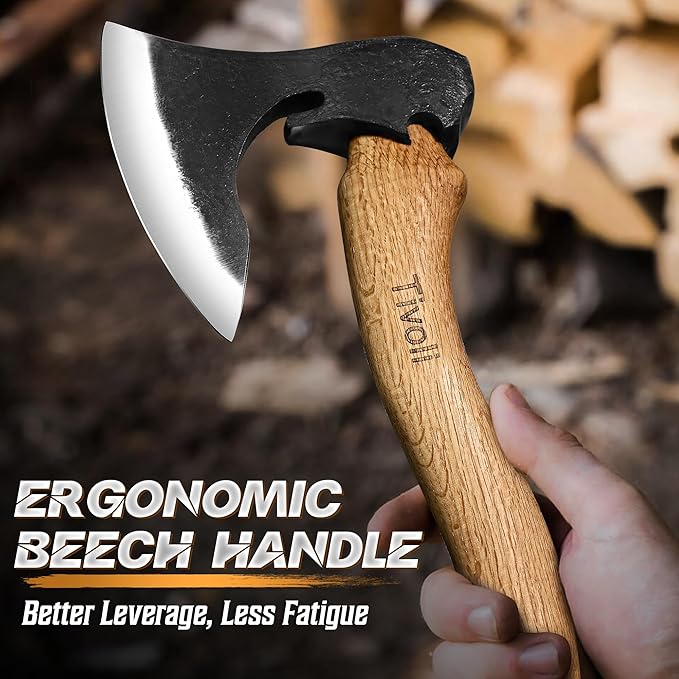 Tivoli Camping Hatchet Axe with Sheath – 16.5 High Carbon Steel Axe with Beech Wood Handle – Bushcraft Hatchet &amp Wood Splitting Axes for Gardening Carving Outdoor Adventures – Gift for Men