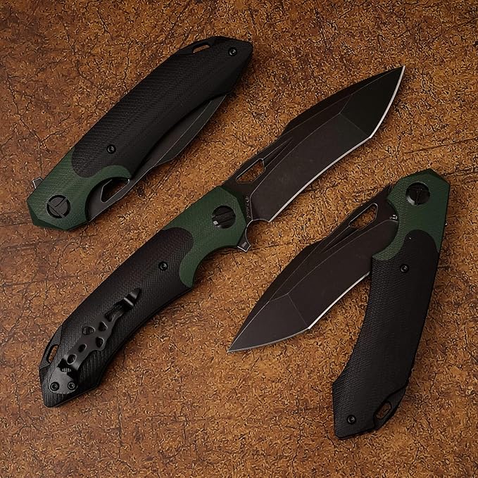D2 Steel Folding Knife - 9CM Black Tactical Blade G10 Handle Pocket Clip - EDC Camping Survival Hunting - 60-61HRC Vacuum Heat Treated Stonewash Finish