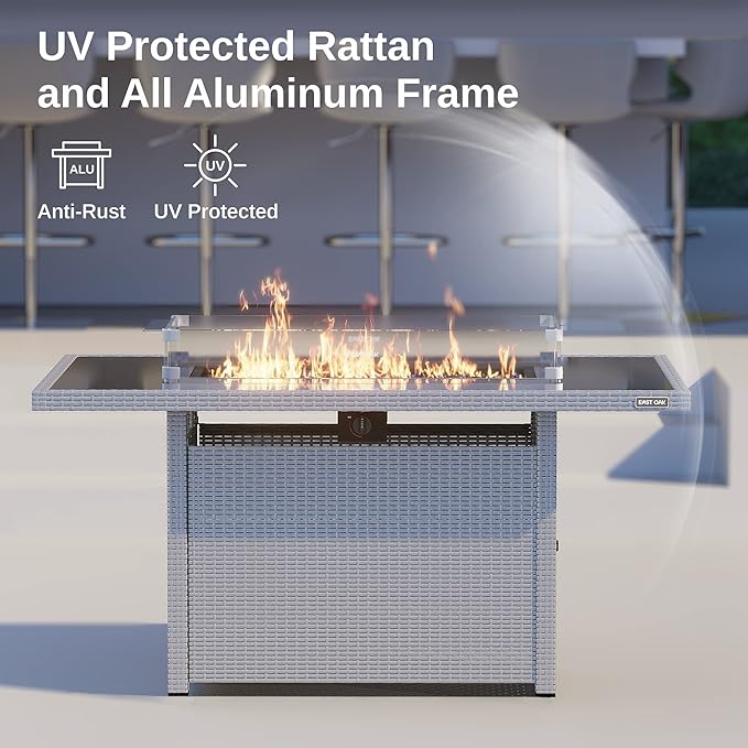 EAST OAK 52'' Propane Fire Pit Table 60000 BTU Gas Firepit w/Large Tempered Glass Tabletop CSA Certified Outdoor Patio Fire Table with Glass Wind Guard Fire Glass and Lid White