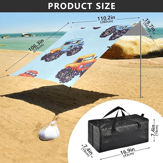 ALAZA Truck Cartoon on Blue Beach Tent Sun Shelter Portable Canopy Sunshade for Outdoor Camping Picnics Backyard Fun 10x9 ft