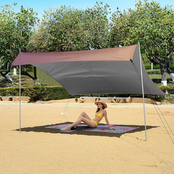 Brown Gradient Foldable Beach Cabana UPF50+ Waterproof Large Sun Shelter Includes Sand Shovel Sandbags Stability Poles for Camping Picnics Backyard &amp Fishing