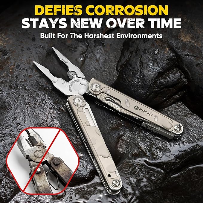 BIBURY Titanium Alloy Multitool with Damascus Knife EDC Multi tools with Replaceable Wire Cutters Scissors Screwdriver Bits Titanium Handle Multi-Tool for Camping Survival Repair - BI2049TI
