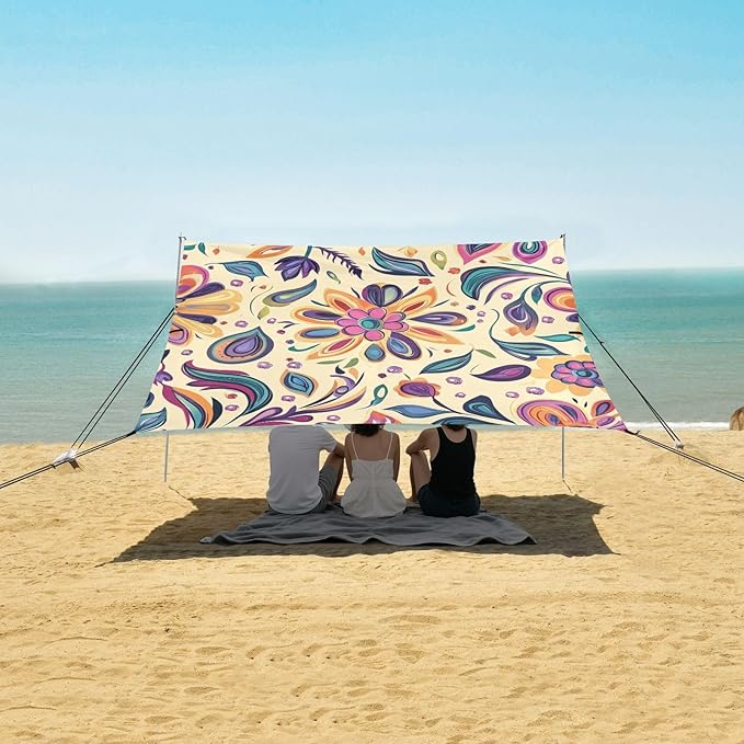 ALAZA Colorful Indian Tribal Beautiful Floral Beach Tent Sun Shelter Portable Canopy Sunshade for Outdoor Camping Picnics Backyard Fun 10x9 ft