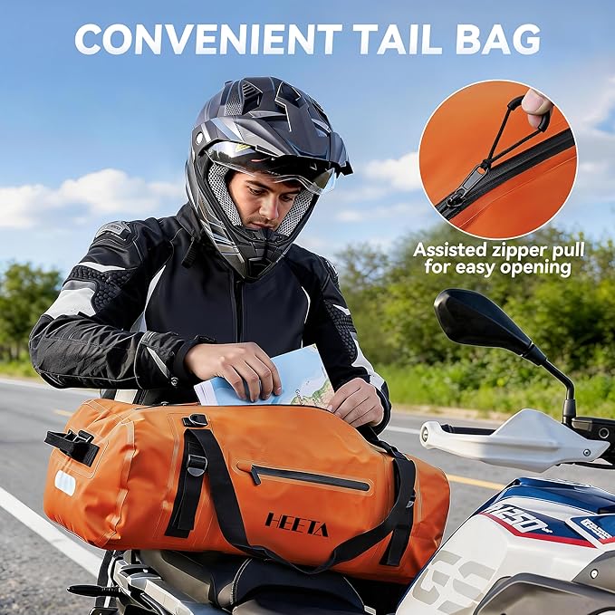 HEETA Waterproof Motorcycle Dry Bag Waterproof Duffel Luggage Travel Bags with Zippered Closure &amp Pocket Shoulder Straps Large Space for Motorcycling Camping Commuting Boating (Orange 70L)