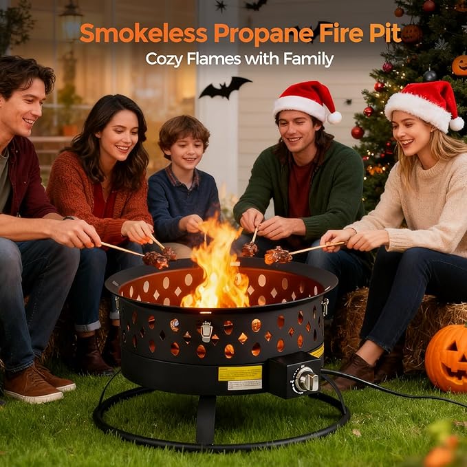 Verdeluxe 22 Inch Portable Propane Fire PitGas Fire Pit for Outside with Lid &amp Handle Smokeless Gas Firepit Bowl with Lava RocksOutdoor Propane Firepits for CampingPatioYardBonfire.(Black)