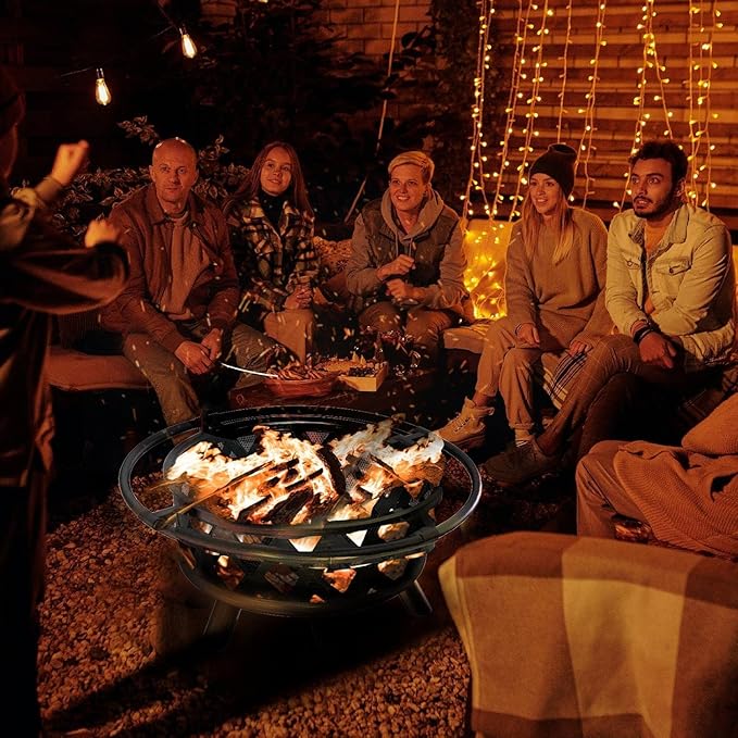 2 in 1 Firepit with Grill 30 Inch Outdoor Fire Pit with Mat &amp Spark Screen &amp Cooking Grate - Large Round Steel Fire pits for Patio Backyard &amp Garden - Includes Poker for Wood Burning &amp