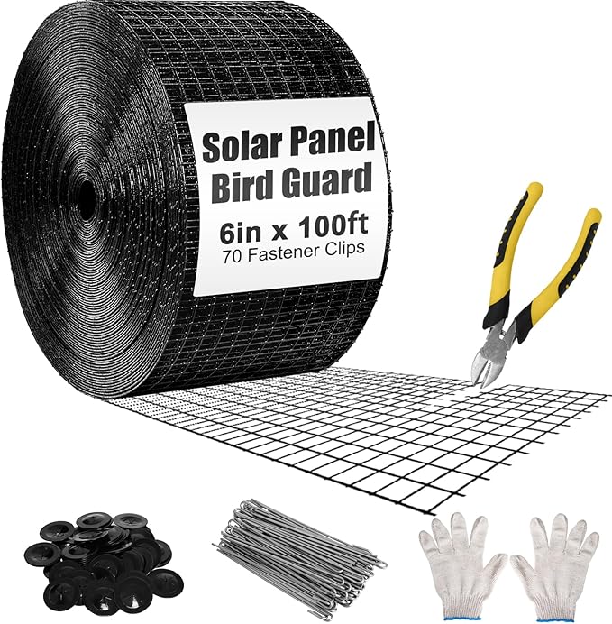 6in X 100ft Solar Panel Bird Guard - 1/2 Black PVC Mesh Galvanized Rust-Resistant Net Critter Guard for Solar Panels with 70 Fastener Clips Gloves Cutting Pliers