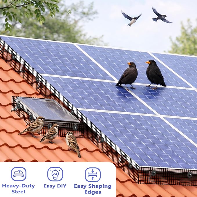 PROLEE 8 Inch X 100FT Solar Panel Bird/Critter Guard Anti-Rust with 100 Fastener Clips Rooftop Solar Panel Bird Wire Screen Removable Without Damage