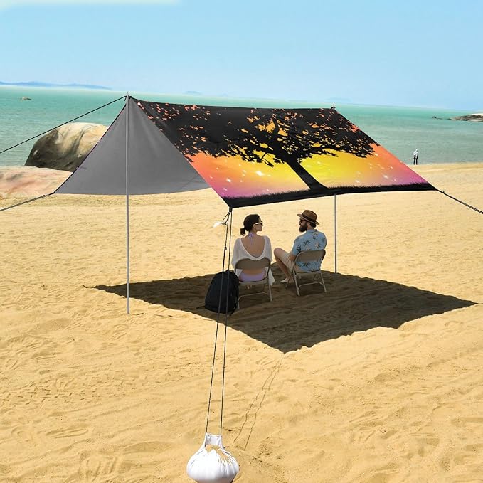 Beach Canopy with Windproof Ropes &amp Sandbags Beach Tent Sun Shade Sun Shelter for Camping Trips Fishing Backyard Fun or Picnics Tree
