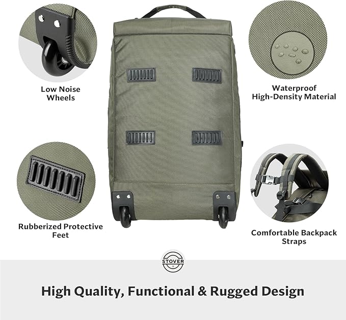 STOVER 45/80/100L Carry-On Rolling Duffel Bag with Wheels Medium Durable Travel Duffle w/Toiletry Bag Packable Foldable with Shoulder Straps- Use as Luggage or Backpack Men/Women (Green)