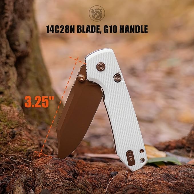 Vosteed Raccoon2.0 Bowie EDC Pocket Knife - 3.25 14C28N Copper Dune Bowie Blade - Top Liner Lock White G10 Handle - Camping Hiking Knives - A2925