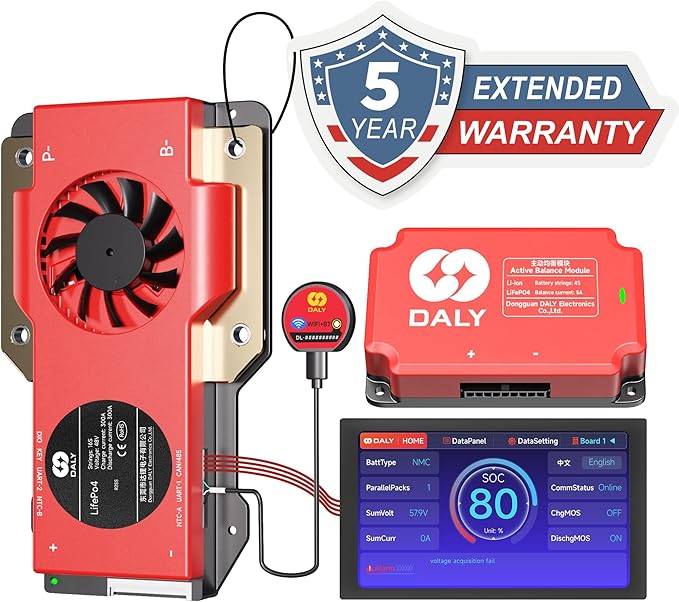 DALY BMS Balance 48V 300A Display - 5A Active Balance BMS 16S with 4.3 Inch LCD Touch Screen WiFi Bluetooth Module Supports RS485 CAN for LiFePO4 Battery Pack Golf Carts Electric Outboard Motors Solar