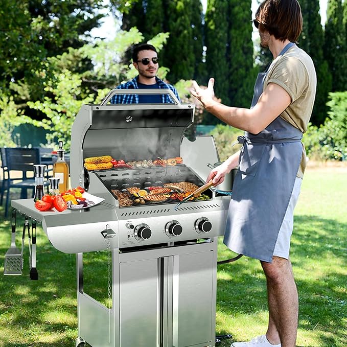 Electactic 3-Burner Propane Gas Grill with Side Burner – 34000 BTU Stainless Steel Outdoor BBQ Grill Cast Iron Grates Portable with Wheels for Patio Camping