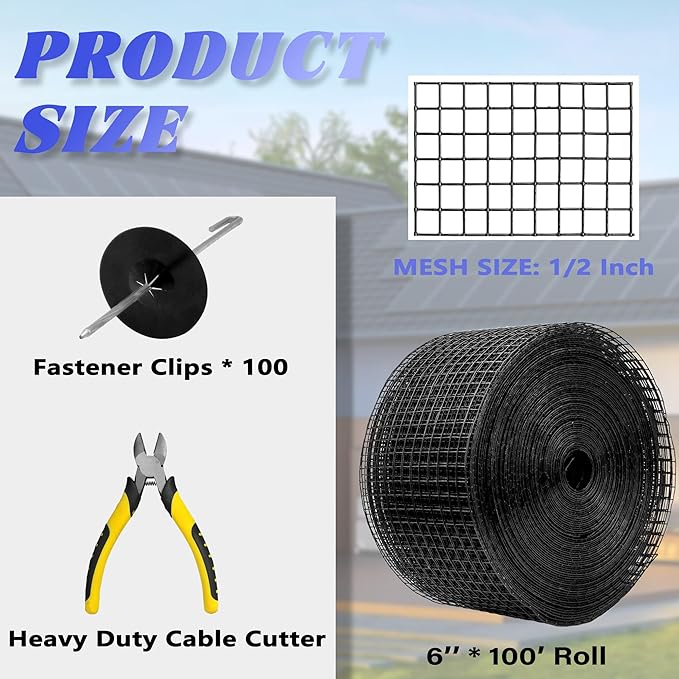 PROLEE 6 Inch X 100FT Solar Panel Bird Guard Anti-Rust Critter Guard with 100 Fastener Clips Rooftop Solar Panel Bird Wire Screen Removable Without Damage(6 Inch x 100 Feet)