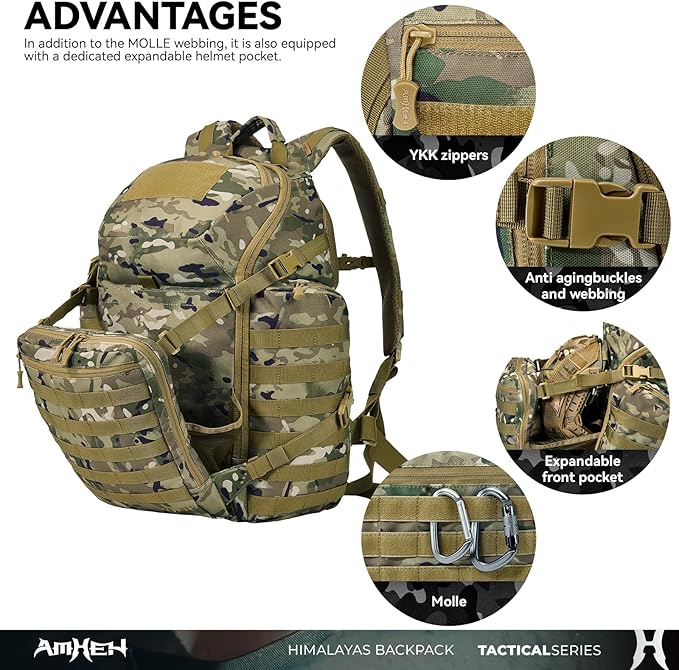 AMHEH 52L 1050D Tactical Backpack - 72 Hour Emergency Get Home Bug Out Bag with 17 Laptop and Helmet Pocket Heavy Duty Work Camo