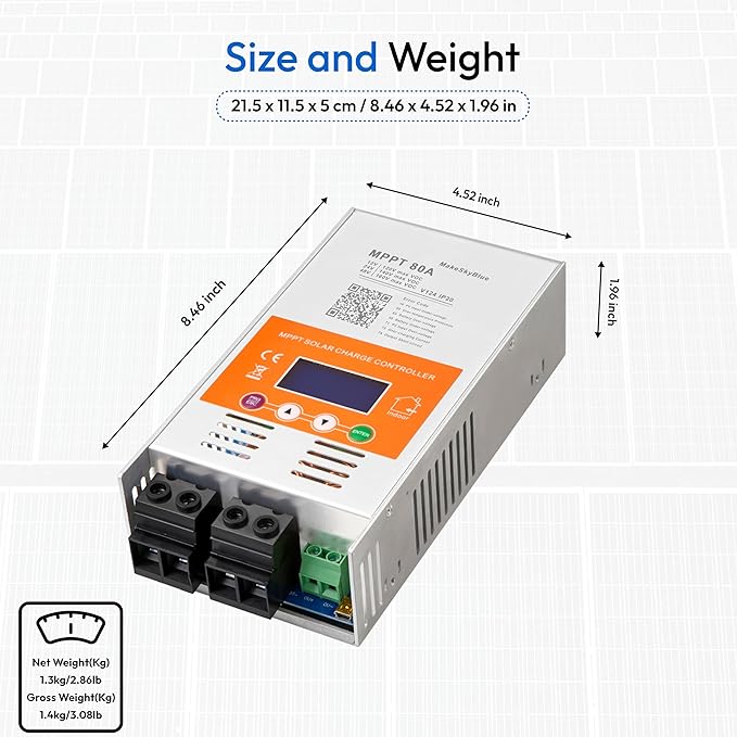 Upgraded V124 80A MPPT Solar Charge Controller 12V/24V/48V AutoMax 160V PV Input LCD Display Compatible with Lithium LiFePO4 AGM Gel Lead-Acid Batteries