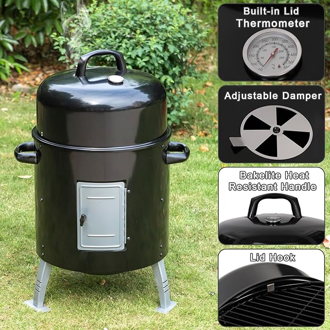 Sophia &amp William 17 Vertical Charcoal Smoker Grills with Two-Tier Grates Heavy-Duty Integral Chamber and Tunnel Ventilation System for BBQ Patio Outdoor Camping(Black)