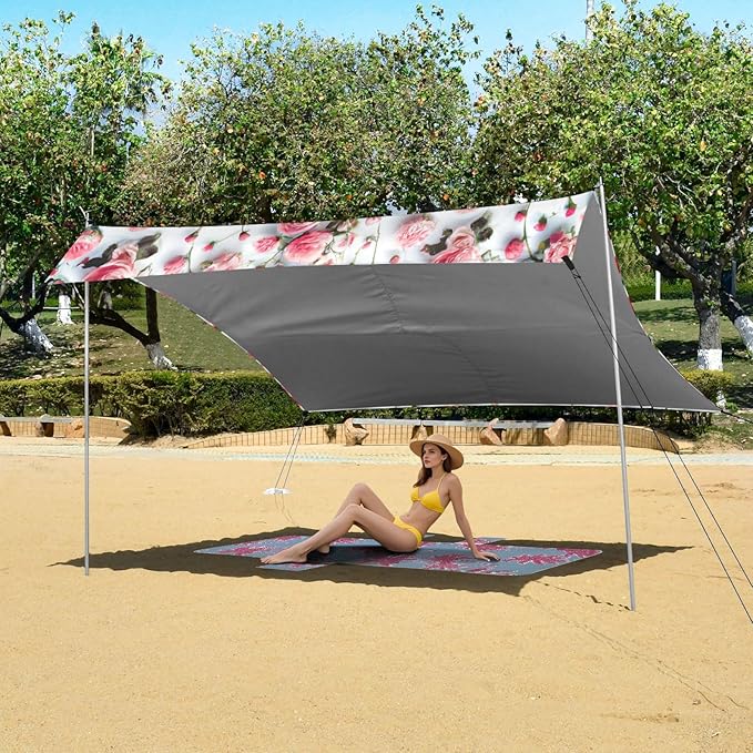 Little Rose Flowers Beach Tent Sun Shelter Set UPF50+ UV Protection 10.5 x 9.19 FT Camping Shade Canopy with Sandbags Sand Anchors Carrying Bag and Others