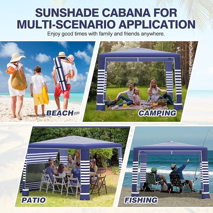 Beach Tent8'×8' Large Beach Canopy for 4-6 PeopleEasy Setup Beach Sun Shelter with UPF 50+ ProtectionAdjustable Height &amp Wind Resistant Beach Cabana for FamilyParty (Navy Blue-Stripes)