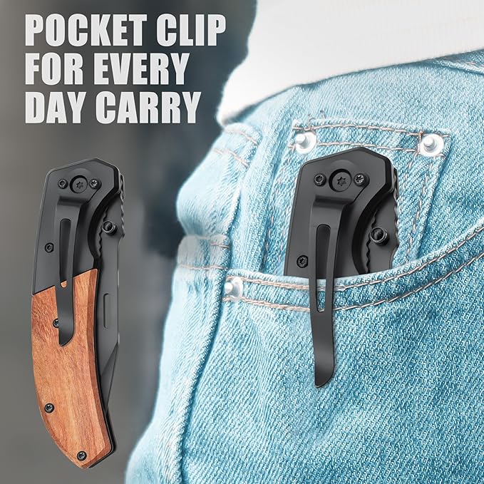 Vickay Pocket Knife Folding Knife with Clip - 3.54″ Steel Blade Wood Handle EDC Knife for Men &amp Women Outdoor Camping Hunting Hiking Fishing - Father’s Day Gift (Black)