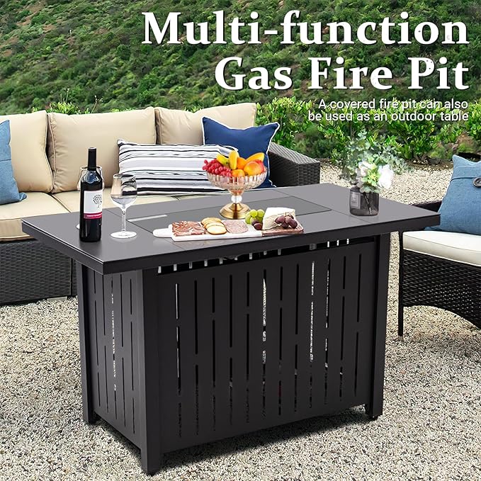 Greesum 44 Propane Gas Fire Pit Table 50000 BTU Outdoor Rectangular FirePit with Lid Rain Cover for Outside Garden Backyard Deck Patio Black