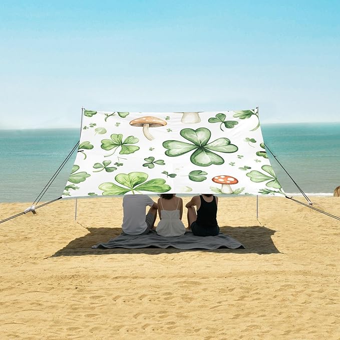 xigua St. Patrick's Day Clover Beach Tent Sun Shelter with Carrying Bag - Silver Coated Oxford Fabric Beach Canopy for Beach Camping Fishing - Includes Windproof Ropes Sandbags &amp Stakes