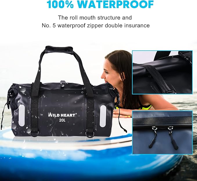 WILD HEART Waterproof Bag Duffel Bag 20L 30L 40L with Welded Seams Shoulder Straps Mesh Pocket for Kayaking Camping BoatingBicycleMotorcycle