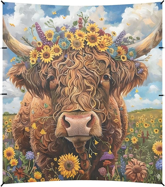 ALAZA Wreath Wearing Highland Cow Beach Tent Sun Shelter Portable Canopy Sunshade for Outdoor Camping Picnics Backyard Fun 10x9 ft