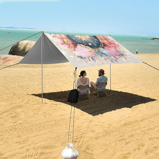 ALAZA Compass Moon Star Flowers Beach Tent Sun Shelter UPF50+ Protection Beach Shade Canopy w/ 4 Sandbags for Outdoor Camping Fishing Backyard Fun Picnic 10x9 ft