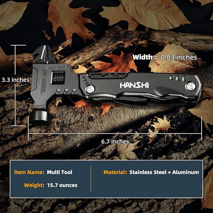 HANSHI Adjustable Wrench Multitool Hammer for Survival16 in 1 Multitools Pliers with Nylon SheathPocket Knife Multi Screwdriver Tool All in One Camping Accessories for Stocking Stuffers for Men